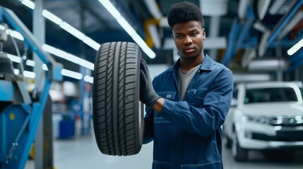Fototapeta na wymiar Mechanic Holding a Car Tire