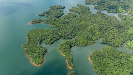 Aerial view of Bukit Batu at Lake Riam Kanan, Banjarbaru, South Kalimantan