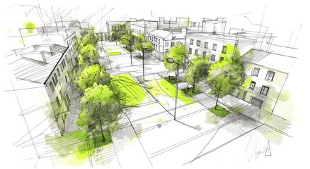 Urban oasis: hand-drawn architectural concept of green space among city buildings