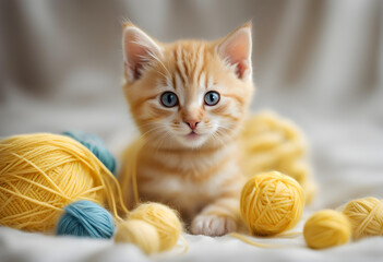 Red kitten looking at the camera, yellow and blue yarn balls around