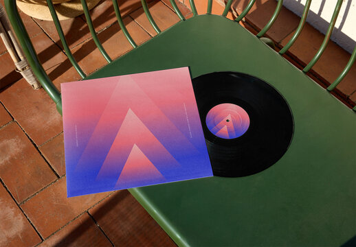 Mockup of customized LP album sleeve on bench