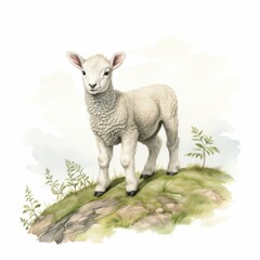 Obraz premium Beautifully detailed watercolor illustration of a young lamb standing on a grassy hill under a soft sky, isolated on white background