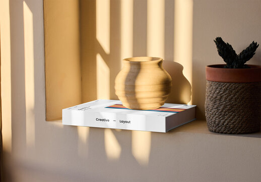 Mockup of customizable book lying on shelf with decorative pot