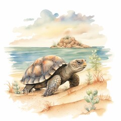 A serene watercolor painting of a sea turtle resting on a sandy beach, with majestic mountains in the background and the calm sea stretching to the horizon.