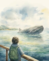 Fototapeta premium A vintage watercolor illustration poster of a child whale watching from a boat, capturing the awe of marine life on a misty horizon.