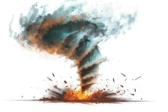 tornado's structure, including the funnel cloud, debris cloud, and surrounding winds.