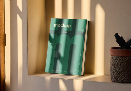 Mockup of customizable book on shelf propped up