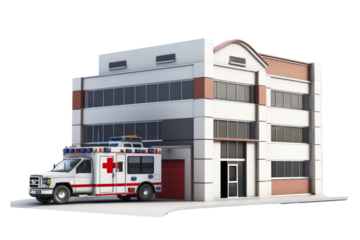 Hospital building with ambulance parked outside, isolated on white background