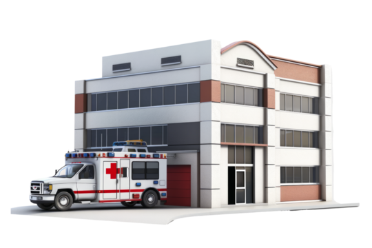 Hospital building with ambulance parked outside, isolated on white background