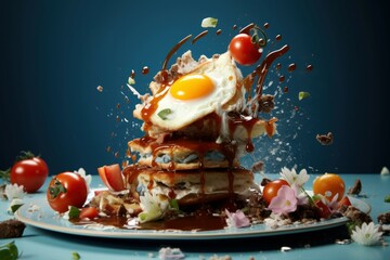 High-speed capture of a delicious pancake stack with toppings bursting in mid-air against a blue background - Powered by Adobe