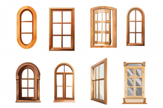 A collection of industrial-style vintage wooden window frames on a clean white background