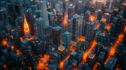 Naklejka premium Futuristic luminescent cityscape: aerial view with luminous 3d detailing in turquoise and orange