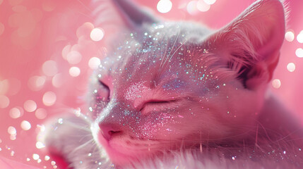 Fototapeta premium Background of Cute Cat with Pink and Glittery Color Theme