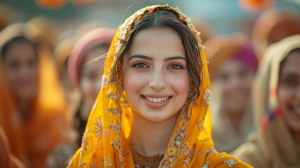 makar sankranti, diwali, beautiful and happy dancing indian woman in punjabi or saree traditional dress