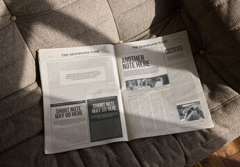 Mockup of customizable open newspaper on couch