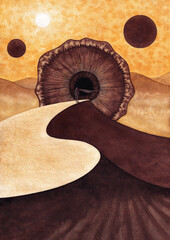 Watercolor illustration for the book Dune depicting a desert, a large worm, the sun and two satellites of the planet Arakas, Paul Atreides, Usul Muad'Dib, Shai-Hulud