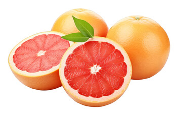 Three whole and two halves of a ripe grapefruit with green leaves isolated on a transparent background.