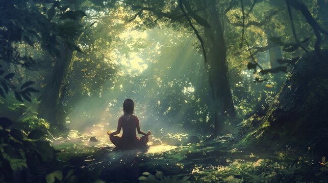 Tranquil forest meditation - photorealistic landscape with solarizing effect