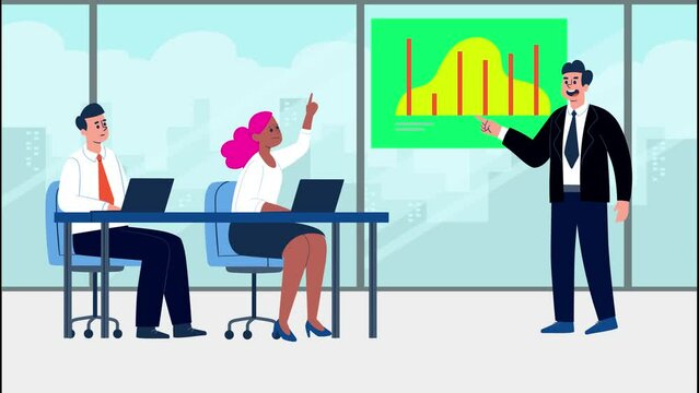 2D Motion graphics, Group of office workers men and women sitting at desks and communicating or talking to each other and boss in office meeting, Business people in office