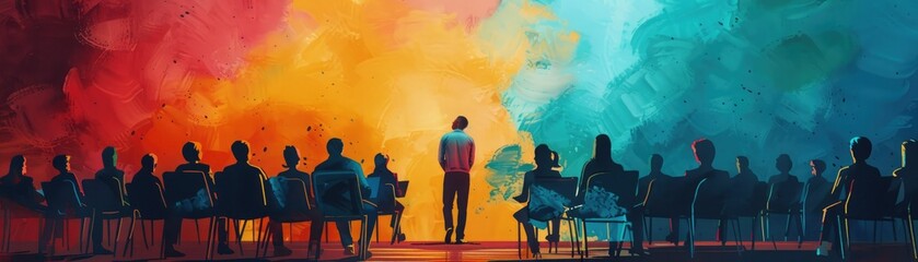 An orchestra conductor stands in front of a colorful backdrop with a group of musicians behind him.