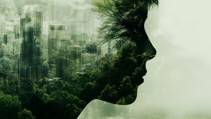 Green metropolis: double exposure portrait - a fusion of nature and urbanity