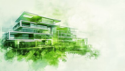 Green blueprint fusion: sustainable architecture concept with modern digital double exposure and color splash artwork