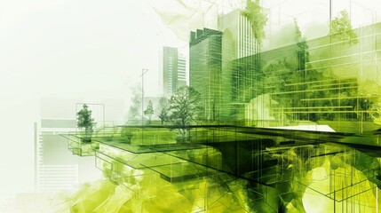 Green architecture concept: sustainable design double exposure, modern ink splash cad illustration