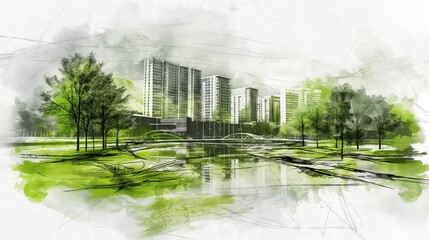 Green architecture concept: sustainable design double exposure - digital cad illustration with color splash and modern ink painting aesthetic