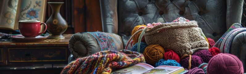 Obraz premium Basket of yarn and a book on a chair. Knitiing hobby. Banner