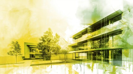 Sustainable architecture concept: green double exposure digital illustration with color splash and elements