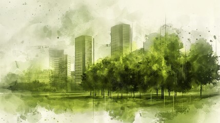 Green city blueprint: sustainable urban design concept in double exposure style with color splash - modern ink cad illustration