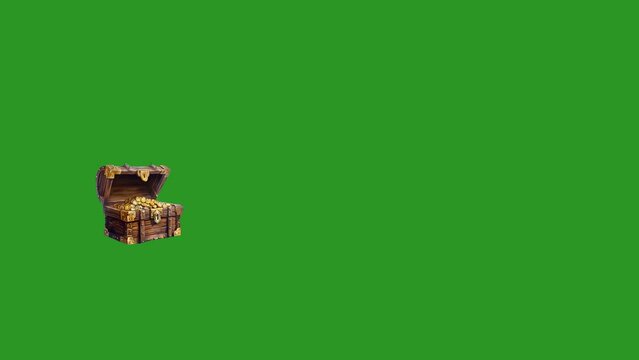 Animation of a chest with gold coins on the background of a chromakey.