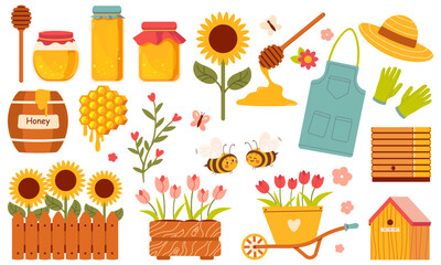 Honey set with flowers and bees. Collection of beekeeping. Cartoon apiary set. Illustration of beehive, bees and honeycombs. Vector drawing of honey for children.