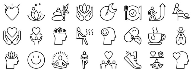 Icon set about wellness. Line icons on transparent background with editable stroke.