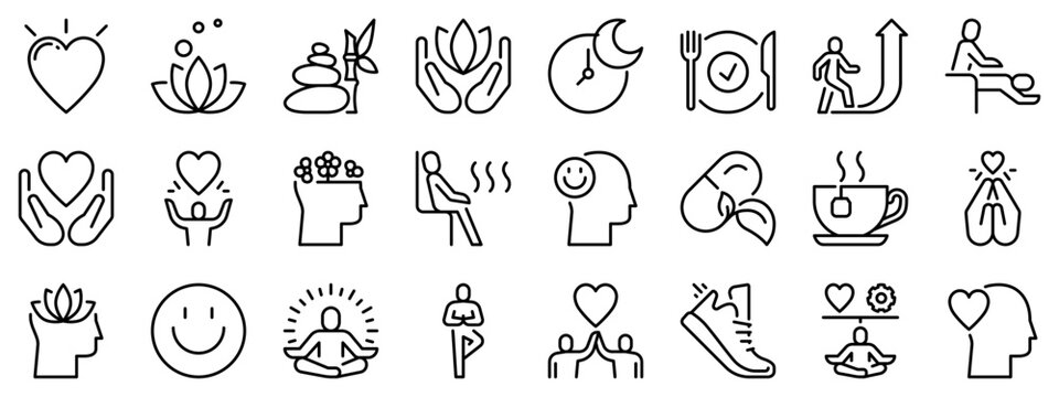 Icon set about wellness. Line icons on transparent background with editable stroke.