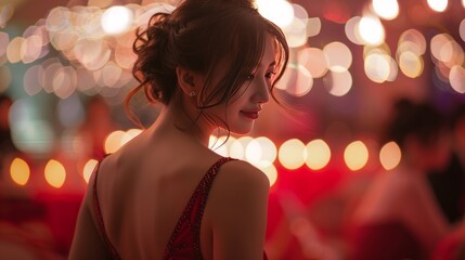 A beautiful woman dressed elegantly at a party