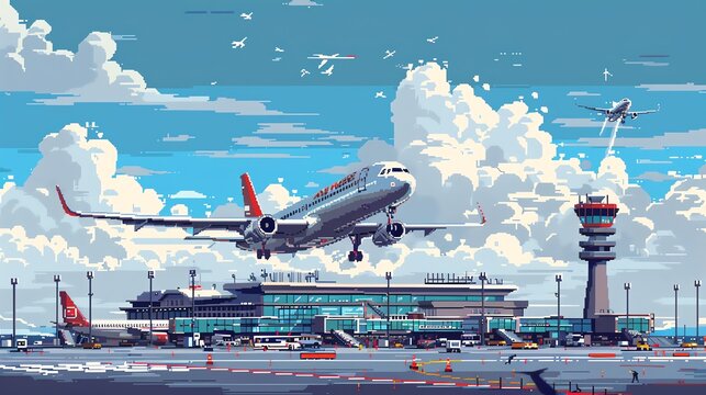 A pixel art illustration of an airplane taking off from an airport. The plane is in the foreground, with the airport terminal and control tower in the background.