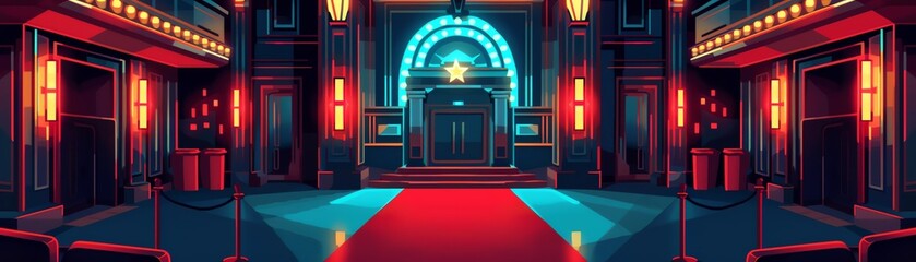 Create a digital painting of a movie theater with a red carpet leading up to the entrance