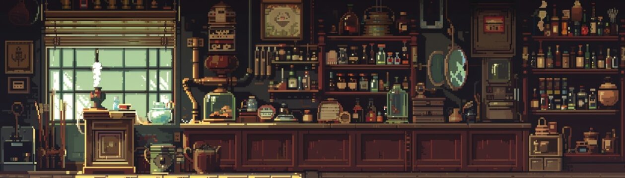 A pixel art image of an old-fashioned pharmacy