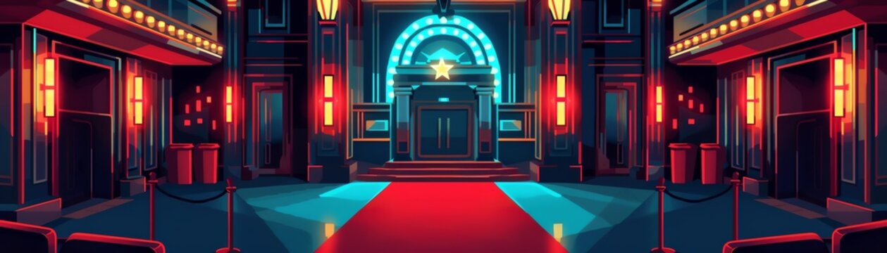 Create a digital painting of a movie theater with a red carpet leading up to the entrance