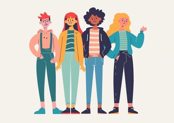 Diverse Group of Cartoon Young Adults Standing Together on White Background