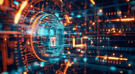High-resolution secure data protection concept with lock and circuit board imagery