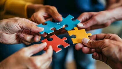 Fototapeta premium Hands Joining Colorful Puzzle Pieces Together.