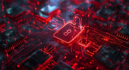 Ultra high-resolution cybersecurity padlock symbol on circuitry - data protection concept shot with canon eos r6 mark ii