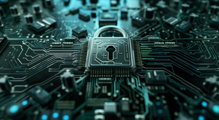 Cybersecurity lock and circuit board artwork - digital data protection concept