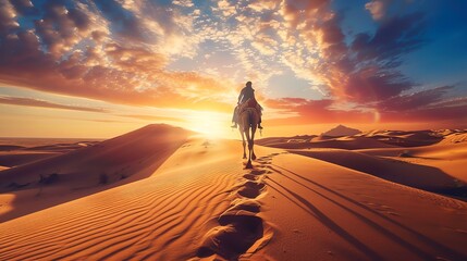 The image shows a lonely camel rider walking through the vast desert. The rider is wearing traditional clothing and is leading a camel caravan.