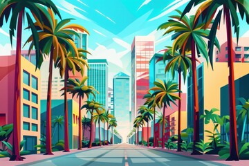 Obraz premium Flat Illustration of a City Street With Tall Palm Trees 