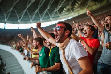 Excited young European man cheering at a sports event, surrounded by fans in a stadium  Concept:...