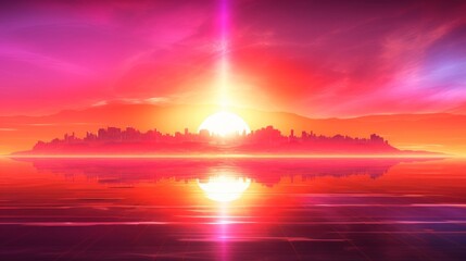 Futuristic cityscape with tall skyscrapers against a large planet in a vibrant, pink and orange sunset. Concept: future, science fiction, urbanization, technology, space exploration, innovation, 