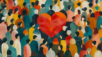 Unity in diversity: abstract heart-held gathering - vintage poster aesthetic
